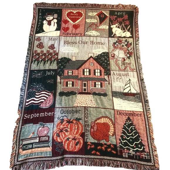 VTG MMW Bless Our Home 12 Month Calendar Tapestry Throw Blanket 1993 60x48 - Picture 1 of 11